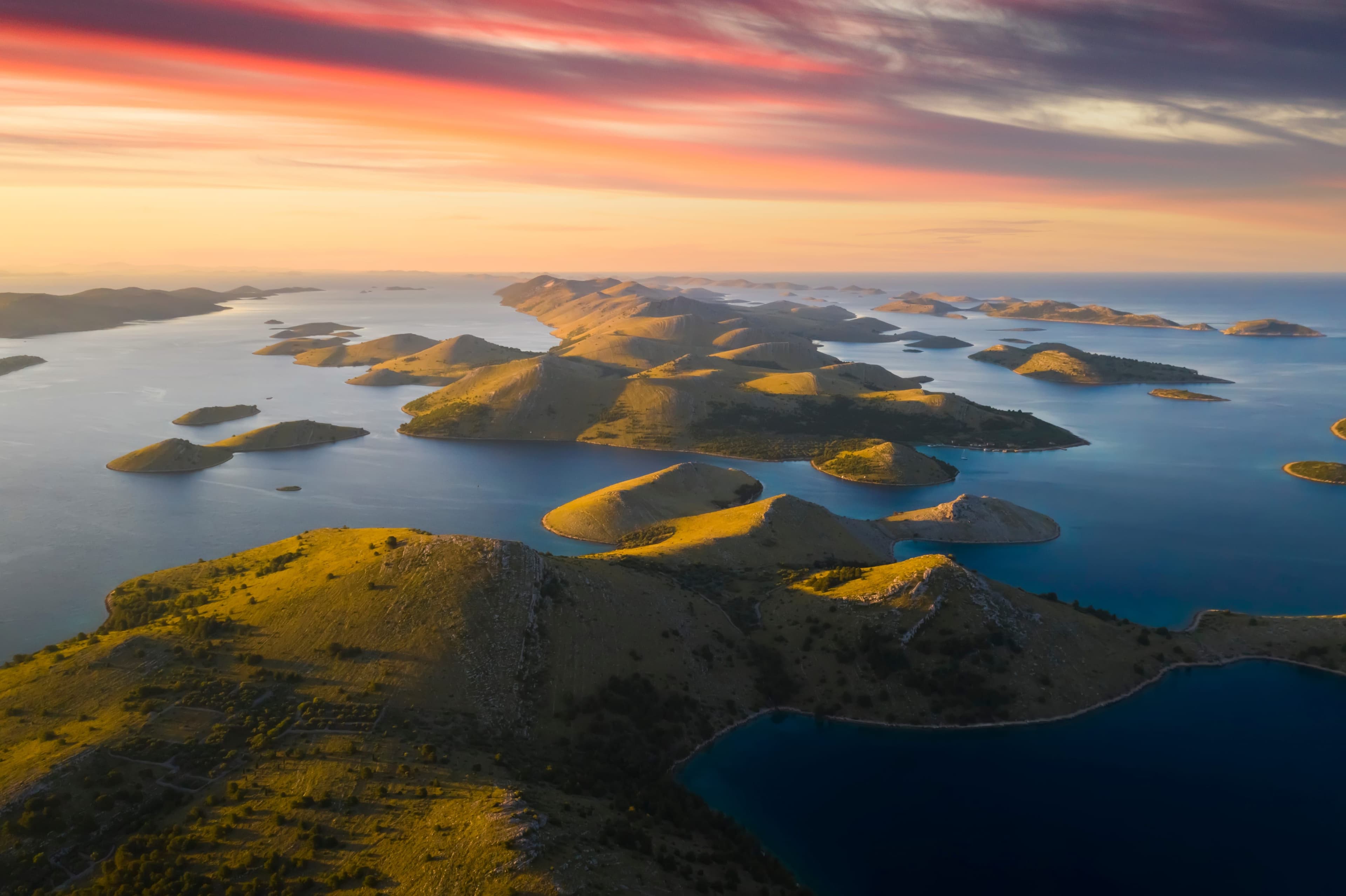 Aerial sunset view of the Kornati island archipelago